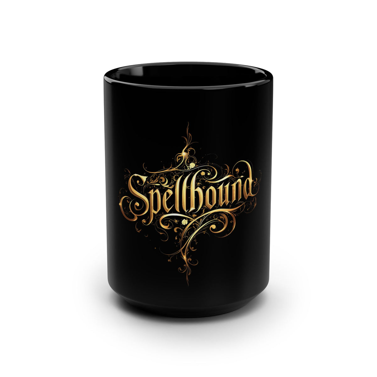 Spellbound Black Glossy Mug – Fantasy Gold Lettering